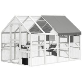 Wooden Catio Outdoor Cat Enclosure With Waterproof Cover, 2 Condos, 6 Platforms, Bridge, Doors, White