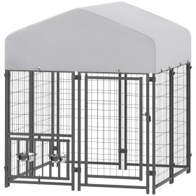 Welded Wire Outdoor Dog Kennel With 360 Rotating & 4 Levels Adjustable Bowls, Waterproof Cover, 3.9 X 3.9 X 4.5 (Color: Grey)